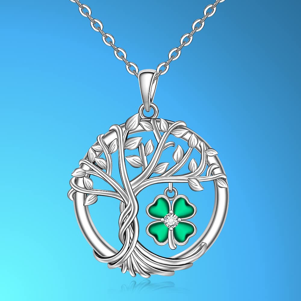 St Patricks Day Shamrock Necklace for Women Sterling Silver Tree of Life Necklace 4 Leaf Clover Pendant Good Lucky Irish Shamrock Green Clover Jewelry Holiday Gifts