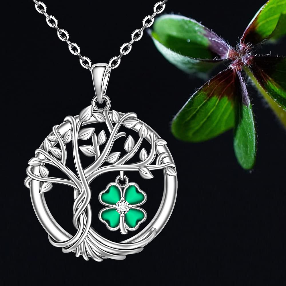 St Patricks Day Shamrock Necklace for Women Sterling Silver Tree of Life Necklace 4 Leaf Clover Pendant Good Lucky Irish Shamrock Green Clover Jewelry Holiday Gifts