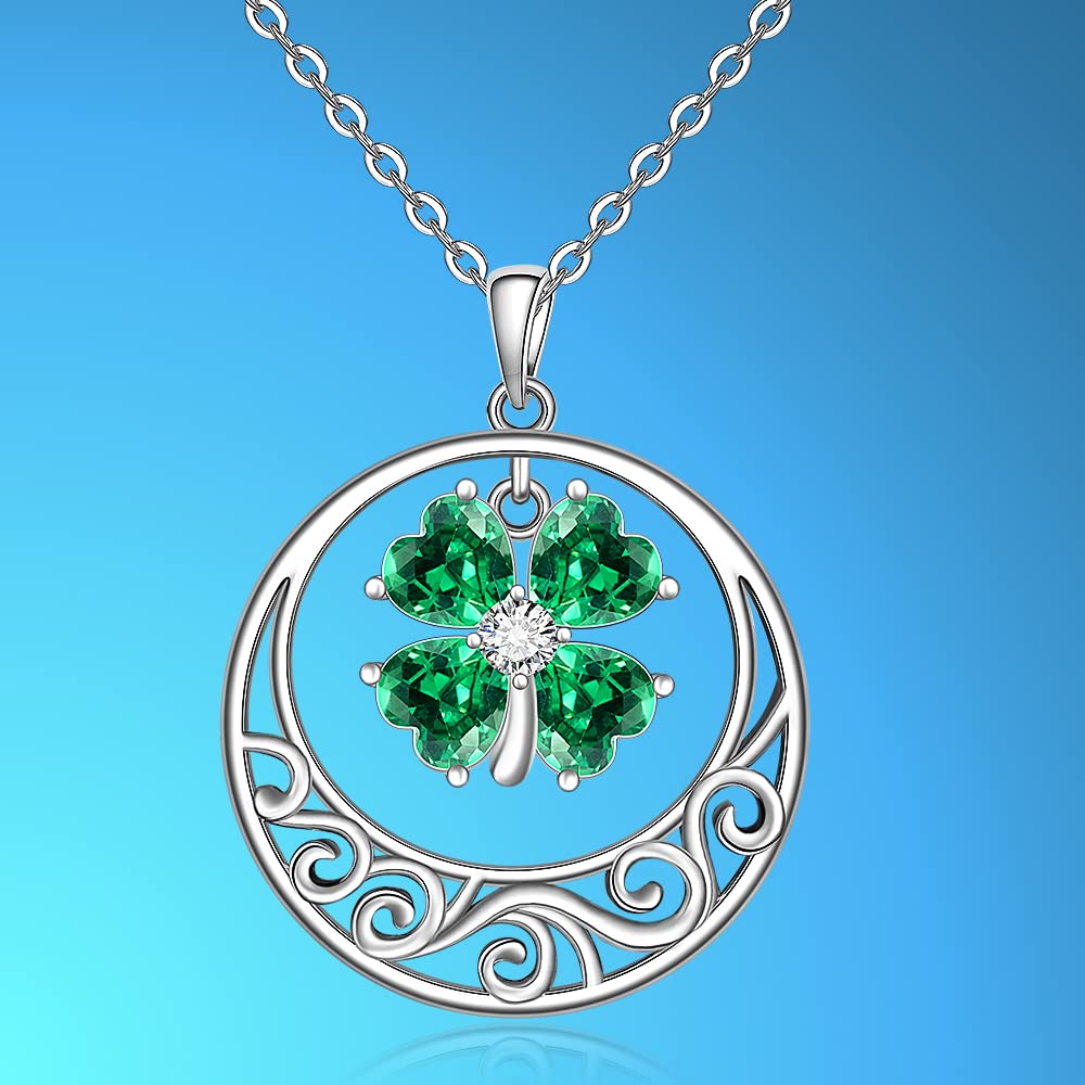 Talonior St Patricks Day Necklace Shamrock Necklace for Women 4 Leaf Clover Pendant Irish Shamrock Sterling Silver Filigree Cubic Zirconia Green Good Lucky Clover Jewelry Gifts