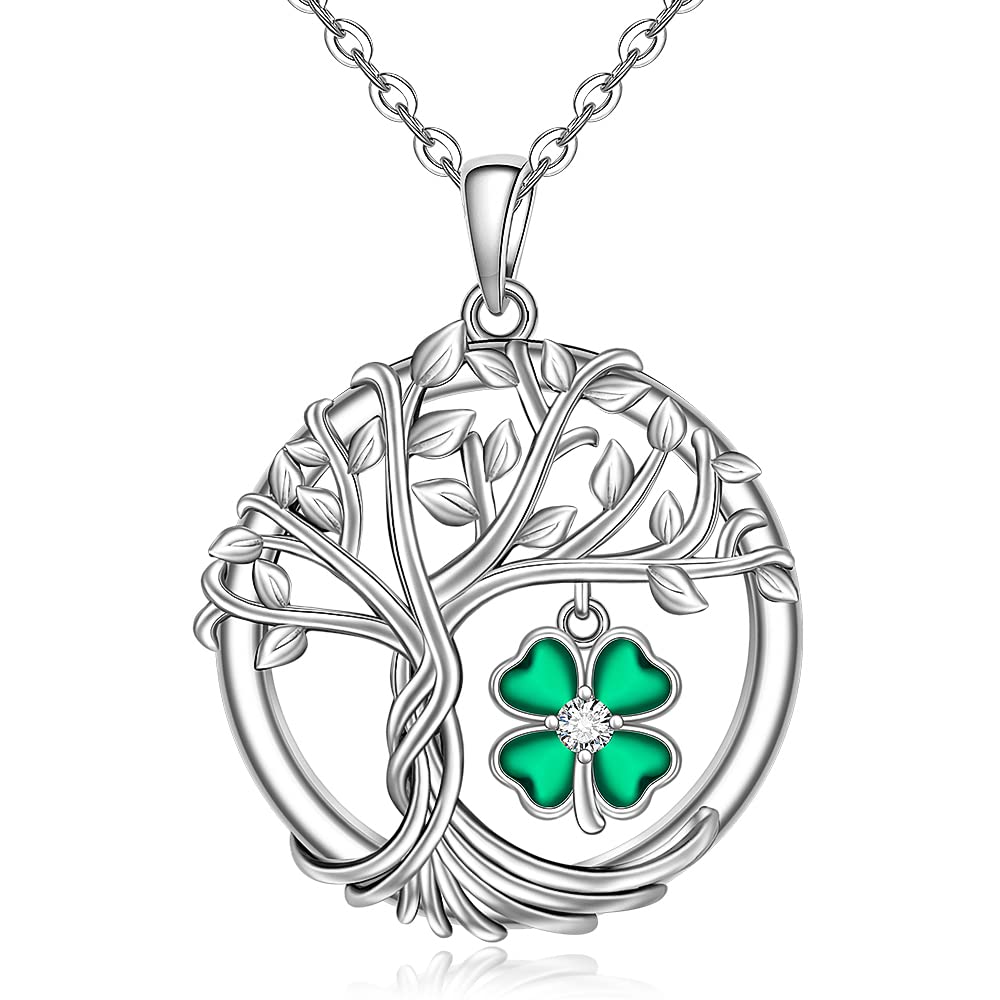 St Patricks Day Shamrock Necklace for Women Sterling Silver Tree of Life Necklace 4 Leaf Clover Pendant Good Lucky Irish Shamrock Green Clover Jewelry Holiday Gifts