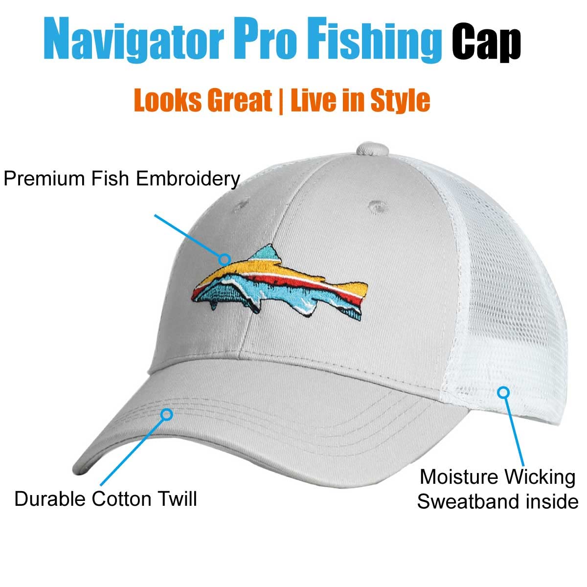 EDTREK Breathable Fishing Trucker Hats for Men and Women - Unique Fish Embroidery for Anglers (Cool Grey)