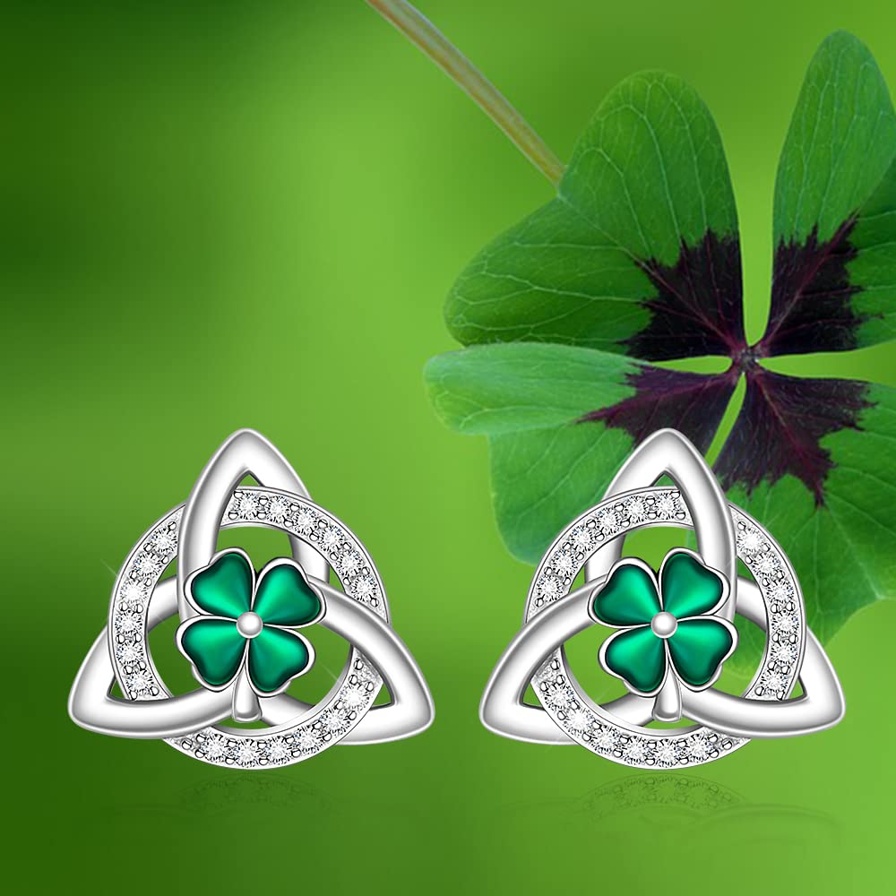 Shamrock Earrings St Patricks Day Earrings for Women Sterling Silver Four Leaf Clover Earrings Celtic Knot Good Lucky Irish Clover Stud Friendship Triangle Jewelry Birthday Gifts