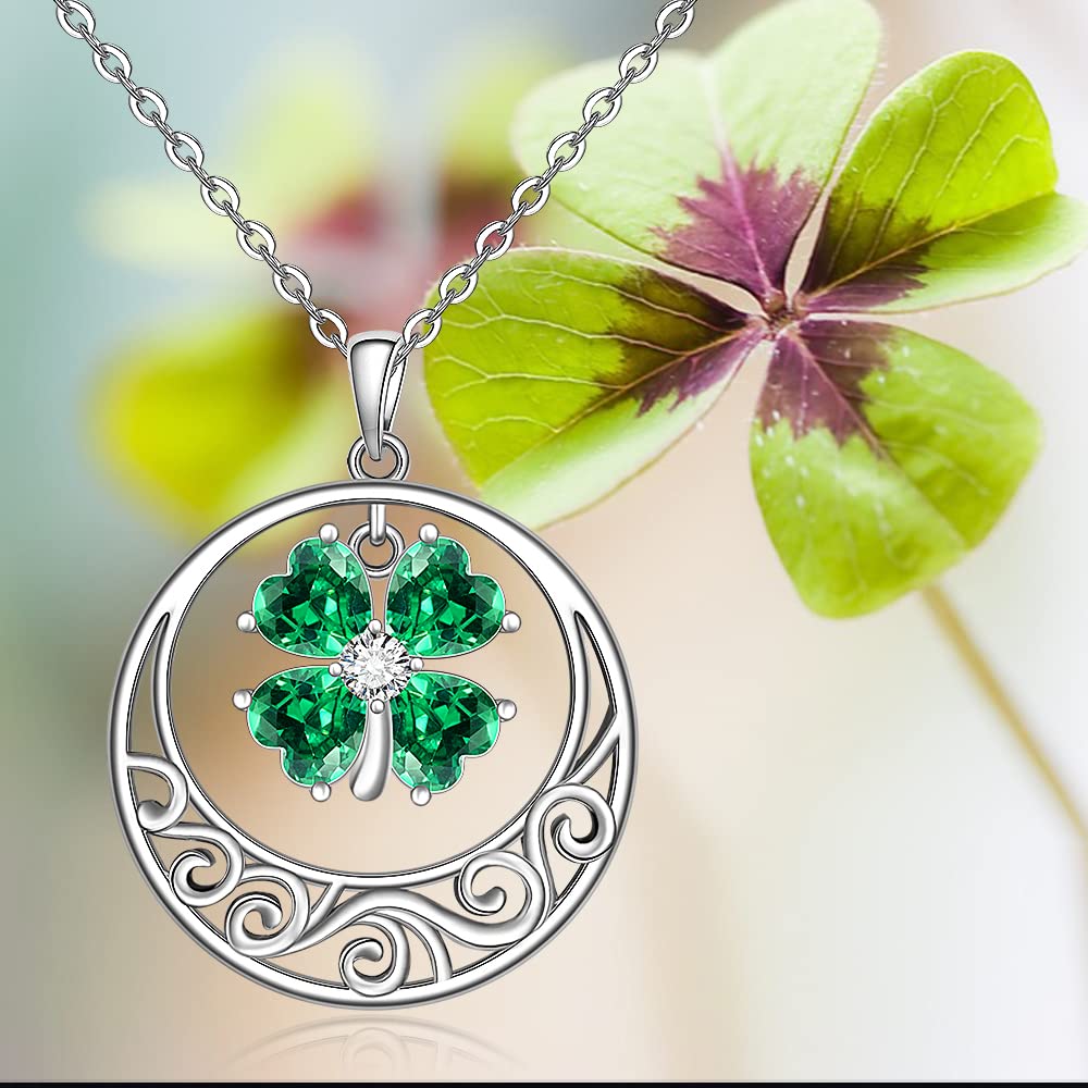 Talonior St Patricks Day Necklace Shamrock Necklace for Women 4 Leaf Clover Pendant Irish Shamrock Sterling Silver Filigree Cubic Zirconia Green Good Lucky Clover Jewelry Gifts