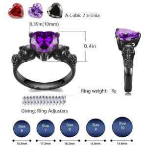 Gothic Skull Black Rose Flower Rings Women Purple Red Love Heart Zircon Crystal Valentine's Day Anniversary Engagement Mother's Day Gift Party Biker Jewelry (Purple, 7)