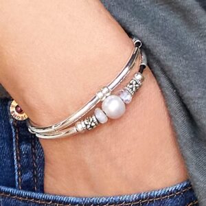 Lizzy James Crystal Water Adjustable 2 Natural Black Leather Strand Silver Bracelet with Pearl & Moonstone for Women