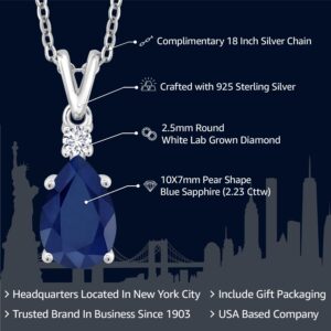 Gem Stone King 925 Sterling Silver Blue Sapphire and White Lab Grown Diamond Pendant Necklace For Women (2.23 Cttw, Pear Shape 10X7MM, with 18 Inch Chain)