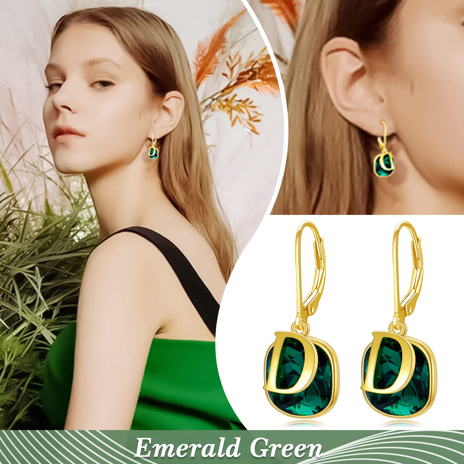 Emerald Green Earrings with D Initial Letter Dangle Drop Earrings with Gold Tone Birthstone Earrings Birthday Jewelry Gifts for Women Friends