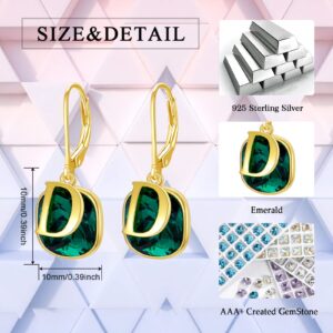 Emerald Green Earrings with D Initial Letter Dangle Drop Earrings with Gold Tone Birthstone Earrings Birthday Jewelry Gifts for Women Friends