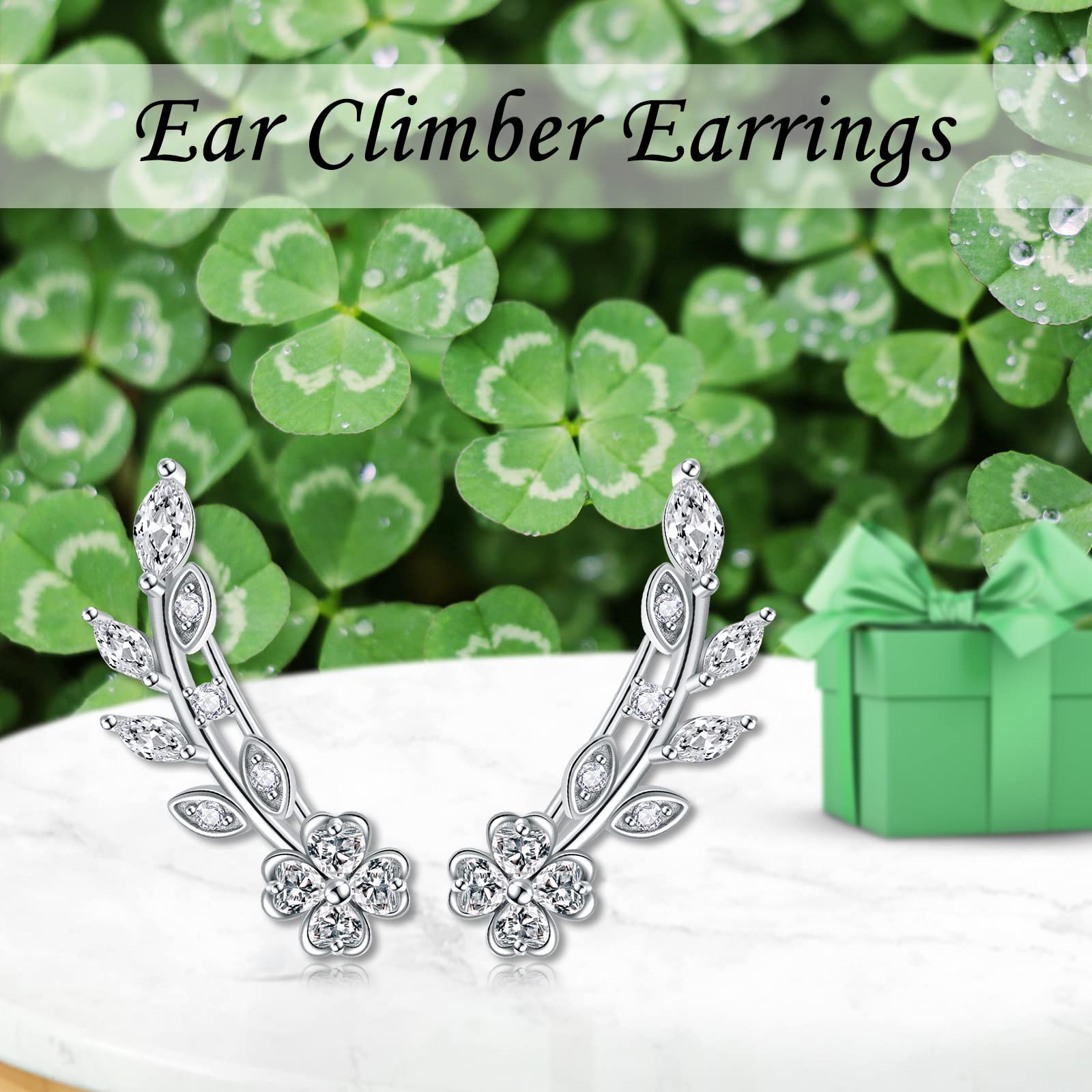 VONALA Ear Climber Earrings 925 Sterling Silver Four Leaf Clover Shamrock Ear Cuff Crawler Earrings with Cubic Zirconia Irish Jewelry Gifts for Women