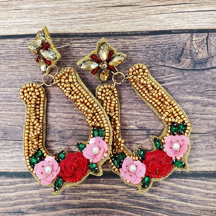 Emulily Beaded Western Horseshoe Post Earrings Handmade Western Horseshoe with Flower