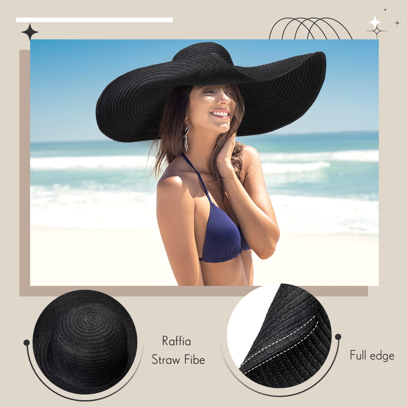 2 Pcs Oversized Beach Hat for Women UV Protection Large Wide Brim Foldable Beach Hat Floppy Beach Cap for Summer Outdoor (Black and Brown)