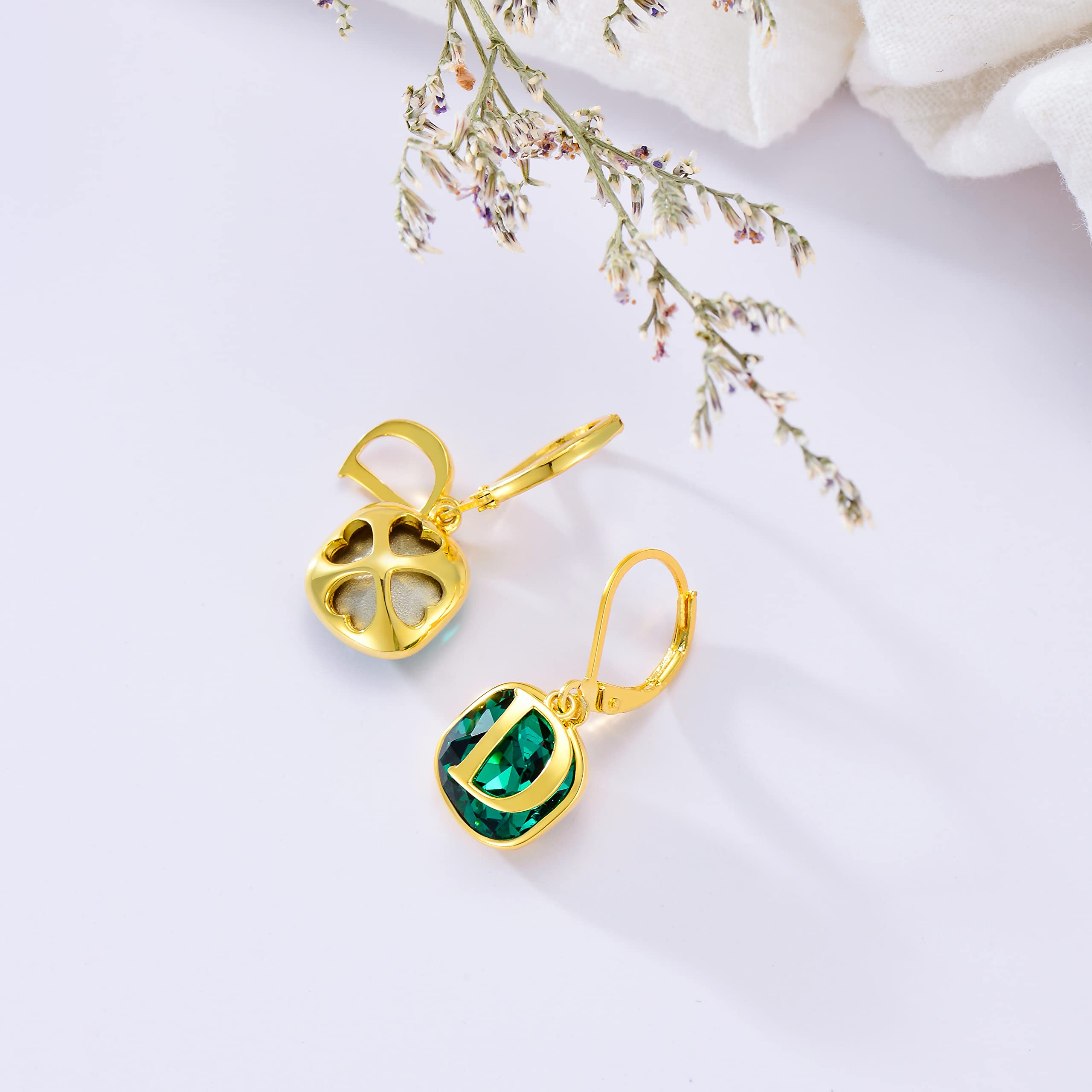 Emerald Green Earrings with D Initial Letter Dangle Drop Earrings with Gold Tone Birthstone Earrings Birthday Jewelry Gifts for Women Friends