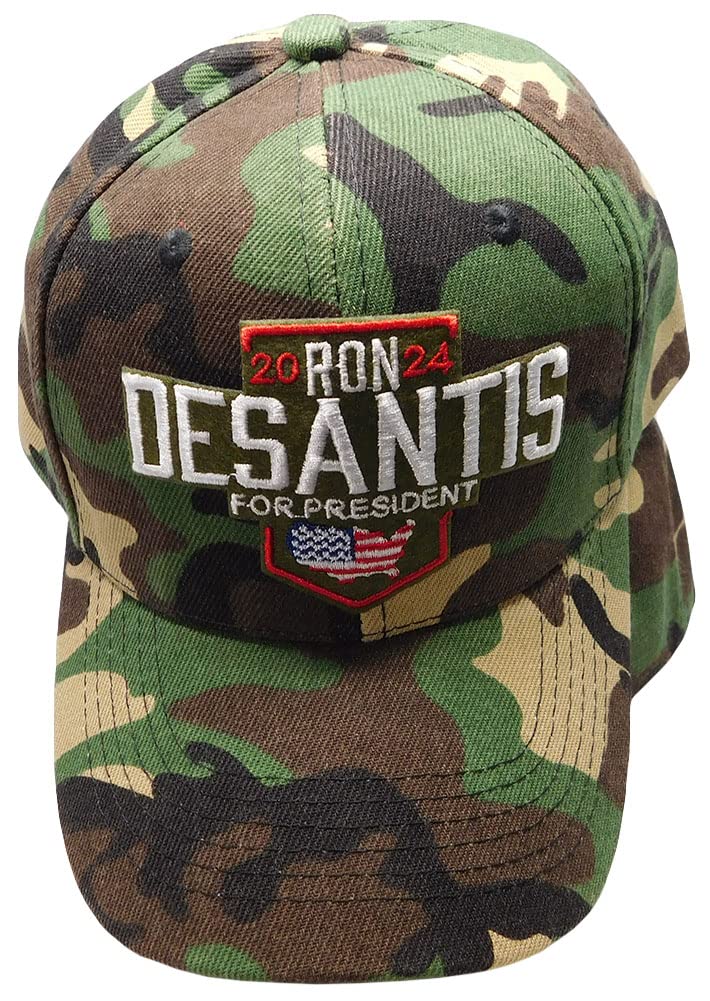 Trade Winds Ron Desantis for President 2024 USA Map Woodland Camouflage Camo Adjustable Embroidered Cotton Polyester Blend Hat Cap