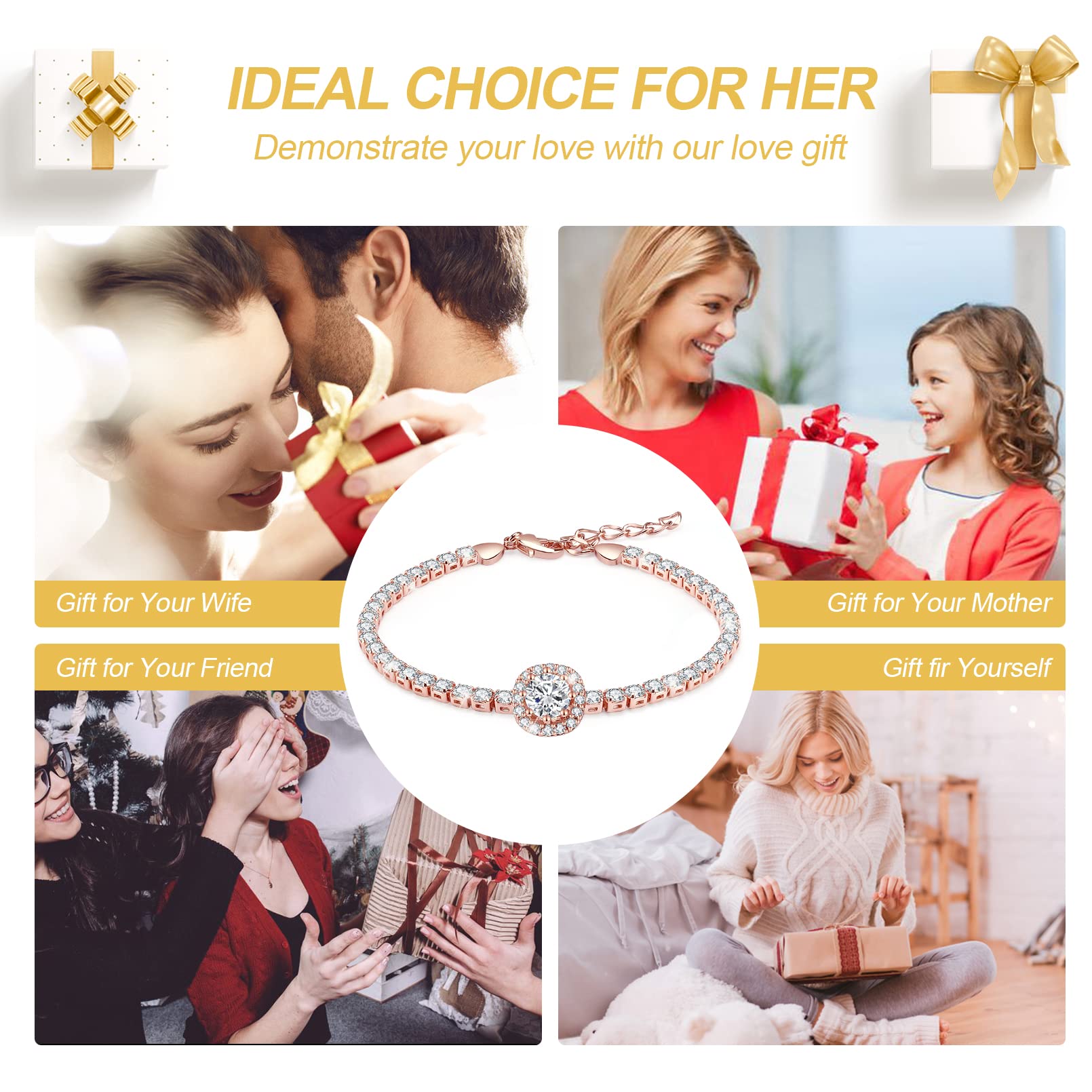 Menton Ezil Fasion Jewelry Tennis Bracelets For Women 18K Gold Plating Adjustable Bracelets And Earring Sets With Crystal For Wife Girlfriend Or Mothers Idea Gift For Mother's day (Rose Gold)