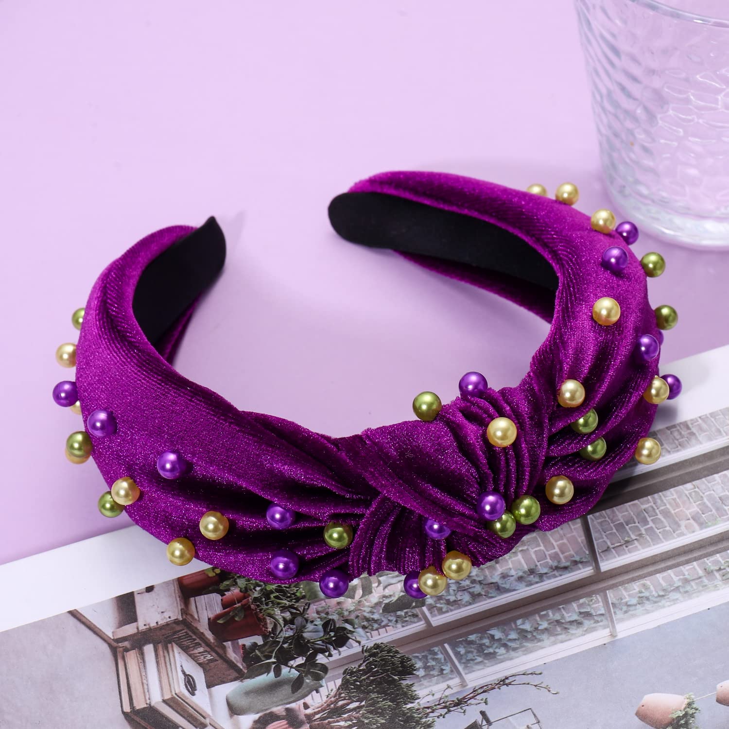 GLBCC Mardi Gras Headband Purple Crystal Jeweled Wide headband Festival Holiday Padded Hairband Carnival Party Hair Accessory (Mardi Gras purple Headband A)