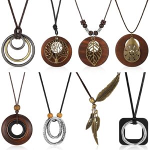 Huquary 8 Pcs Long Wooden Pendant Necklaces for Women Bohemian Sweater Necklace Set Wooden Faux Leather Long Necklaces for Women Men Vintage Necklace Boho Necklace Jewelry