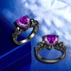 Gothic Skull Black Rose Flower Rings Women Purple Red Love Heart Zircon Crystal Valentine's Day Anniversary Engagement Mother's Day Gift Party Biker Jewelry (Purple, 7)