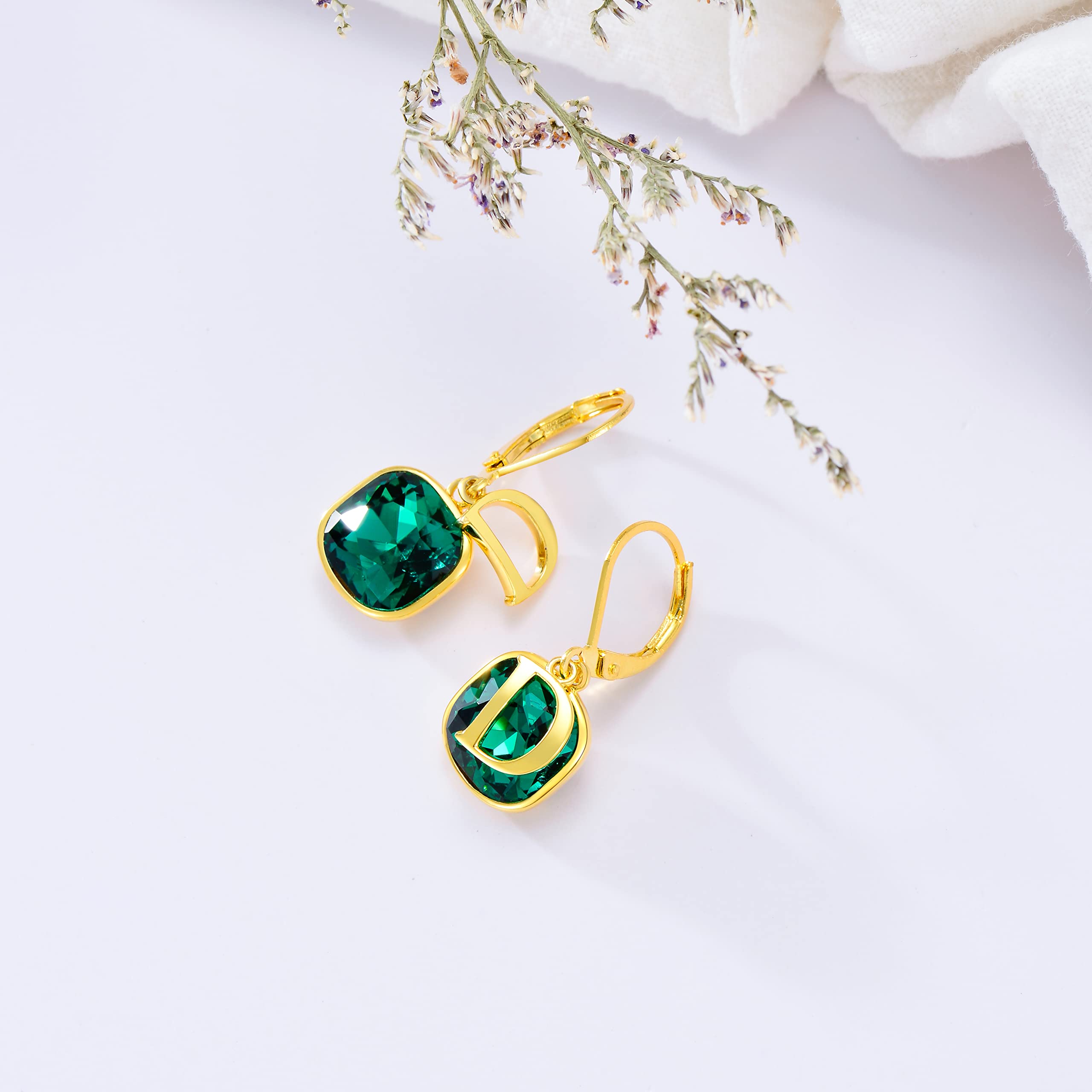 Emerald Green Earrings with D Initial Letter Dangle Drop Earrings with Gold Tone Birthstone Earrings Birthday Jewelry Gifts for Women Friends