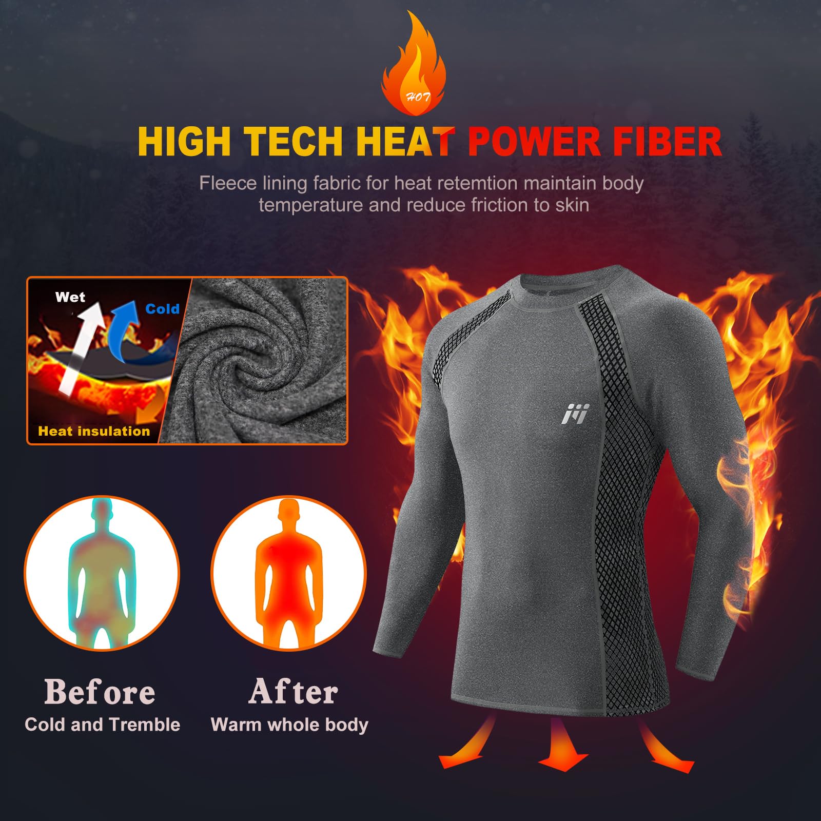 MEETWEE Men's Thermal Shirts, Winter Ski Gear Fleece Lined Long Johns Base Layer Warm Top for Skiing Grey