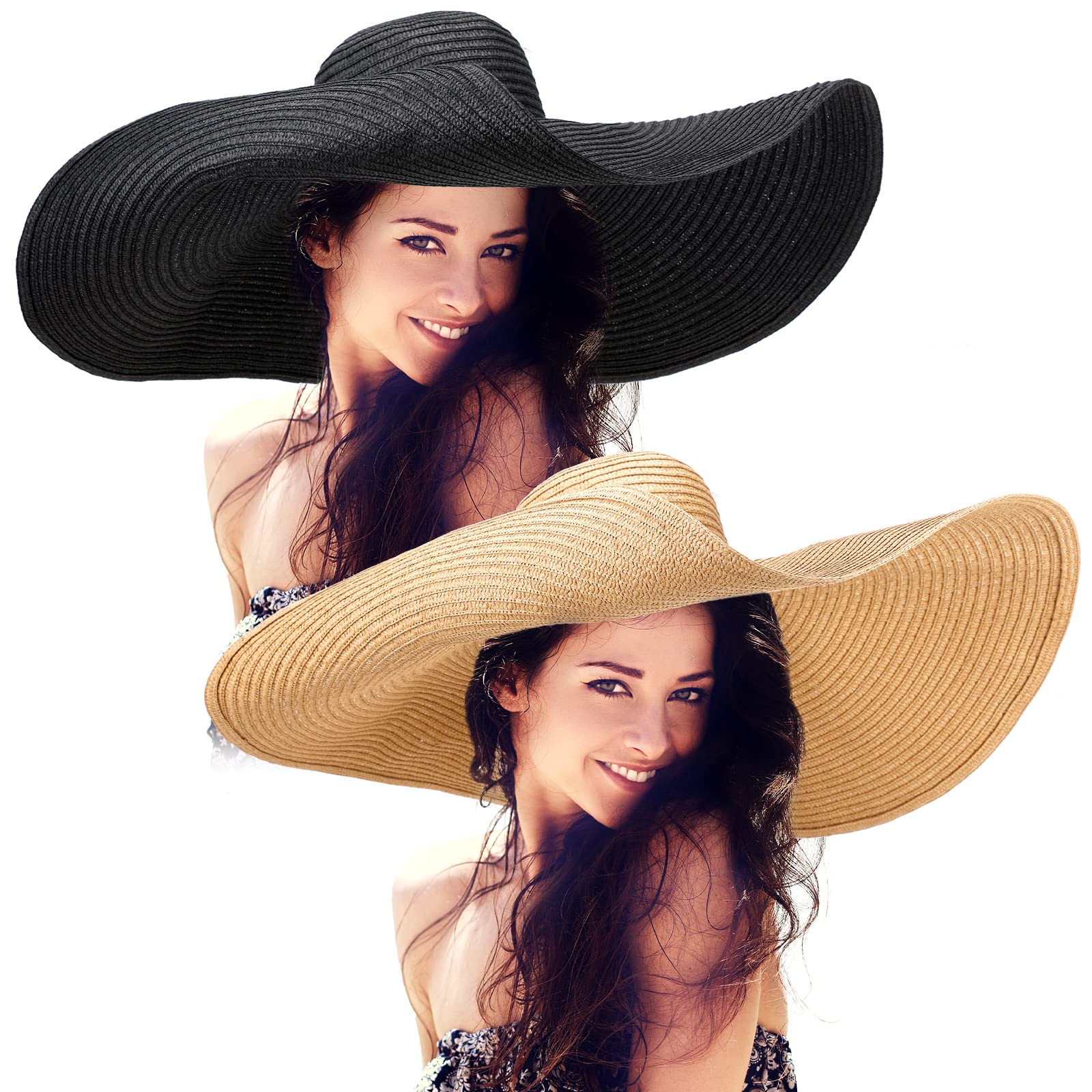 2 Pcs Oversized Beach Hat for Women UV Protection Large Wide Brim Foldable Beach Hat Floppy Beach Cap for Summer Outdoor (Black and Brown)