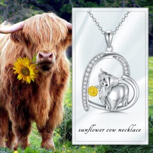 PROESS Highland Cow Necklace for Women 925 Sterling Silver Sunflower Cow Pendant Necklace Cow Jewelry Animal Lover Gifts