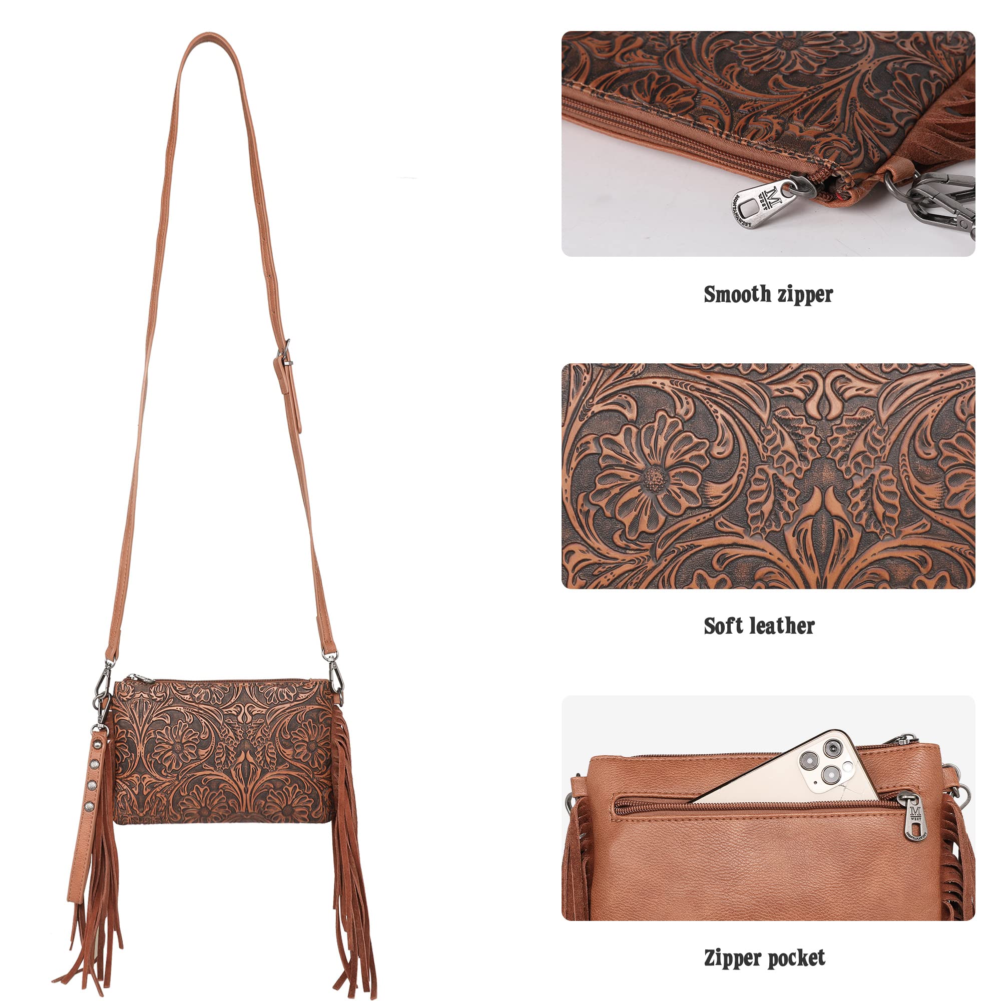 Montana West Mini Crossbody Bags for Women Cowhide Leather Credit Card Wallet Purse with Leather Fringe Tassel MBB-MW1217-181BR