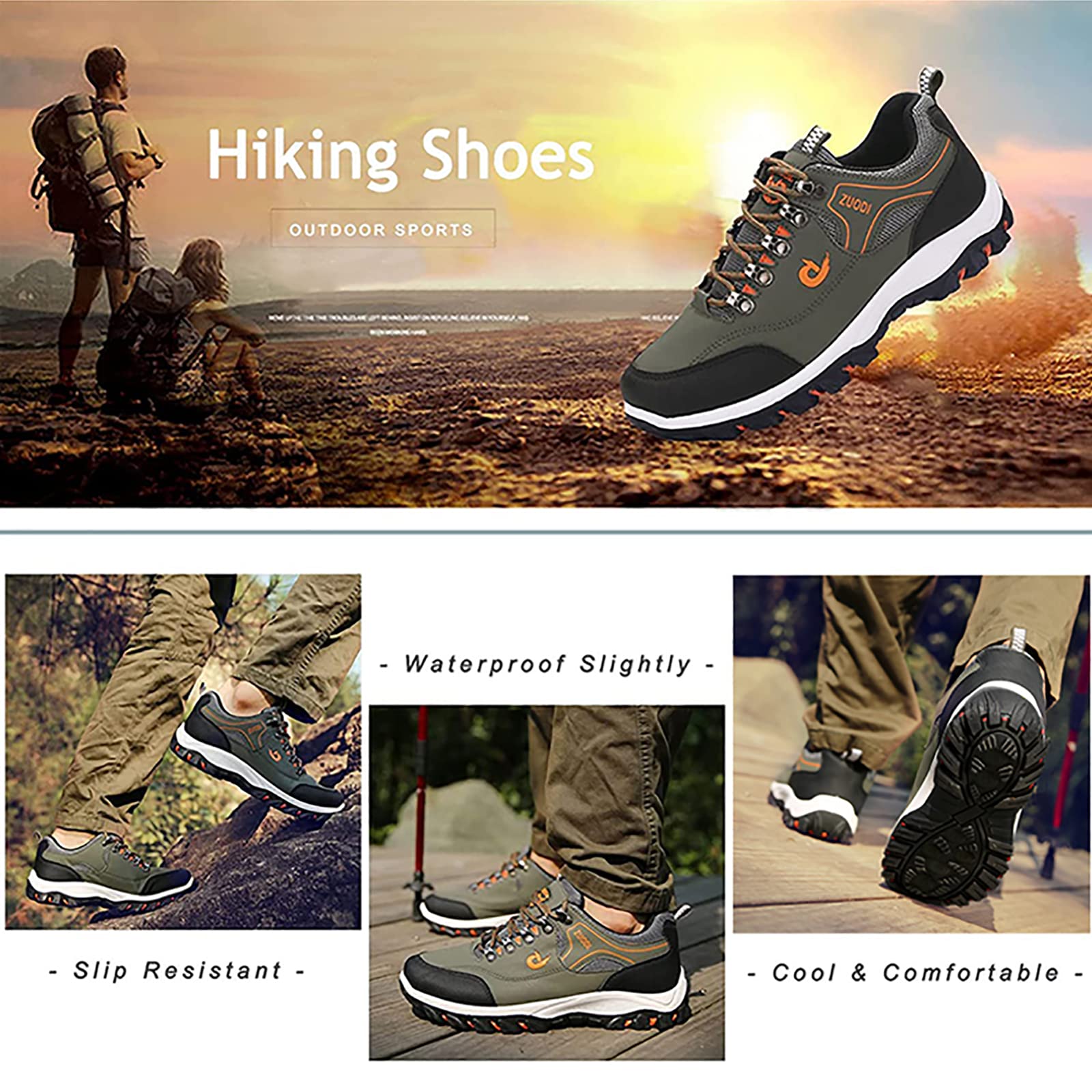 AIRAVATA Outdoor Hiking Shoes for Men Trekking Trails Camping Walking Work Shoes Lightweight Waterproof Leather Ankle Boots Lace-up Anti Slip Sneakers, Army Green Size 6.5 US