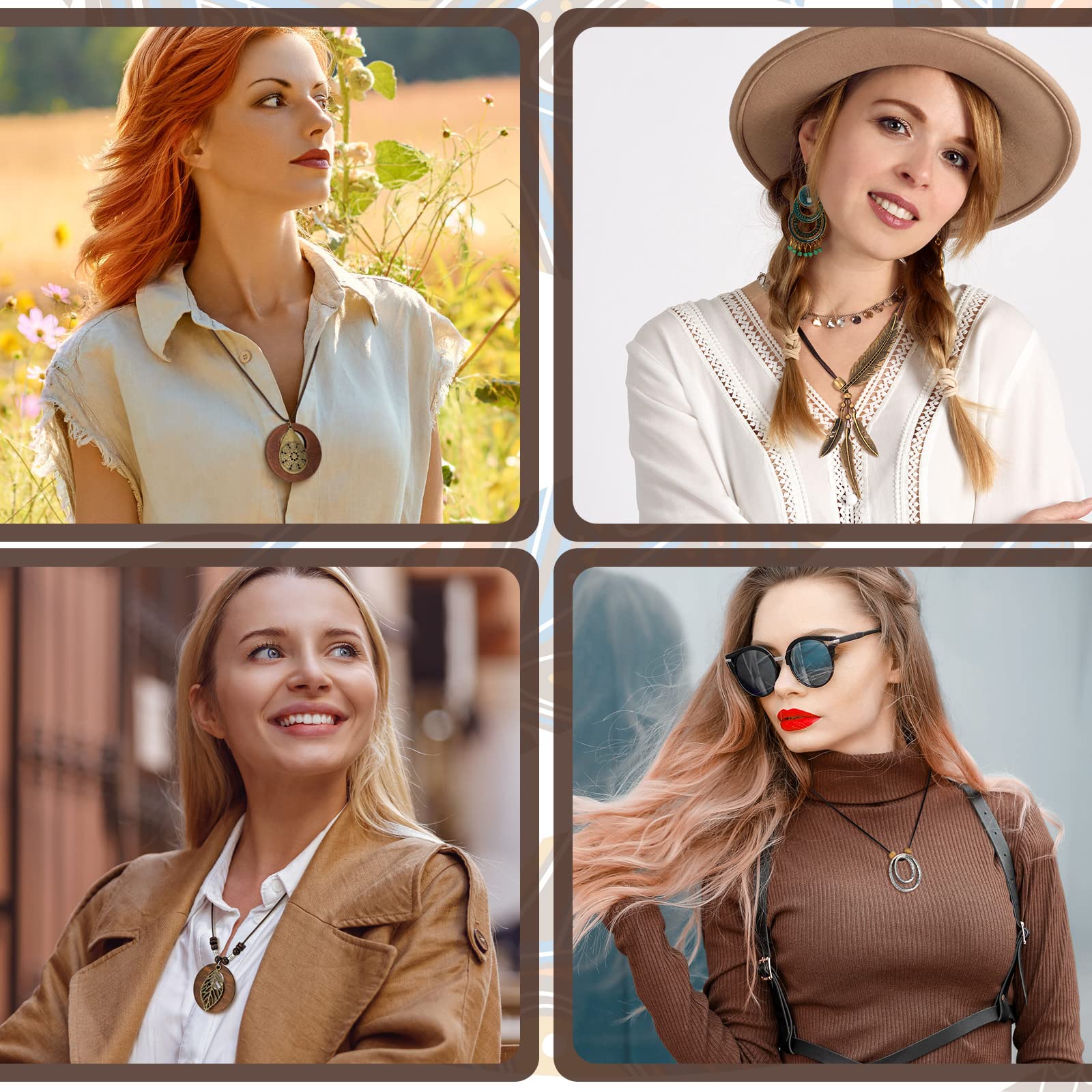 Huquary 8 Pcs Long Wooden Pendant Necklaces for Women Bohemian Sweater Necklace Set Wooden Faux Leather Long Necklaces for Women Men Vintage Necklace Boho Necklace Jewelry