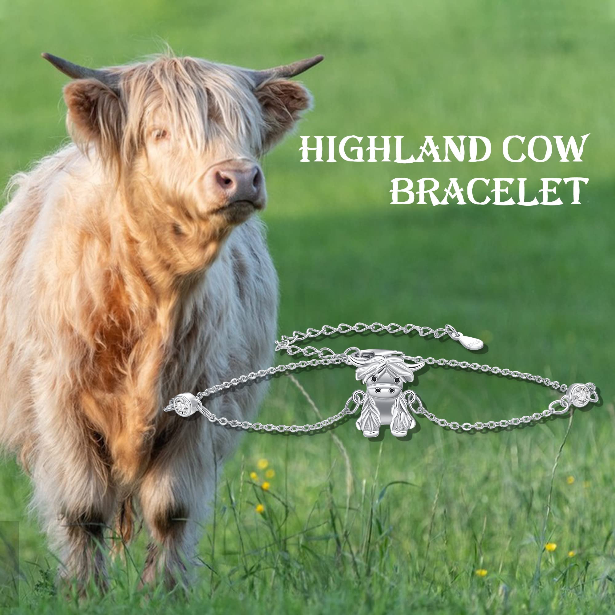 YAFEINI Highland Cow Bracelet 925 Sterling Silver Cute Highland Cow Gifts for Women