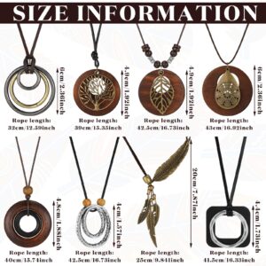 Huquary 8 Pcs Long Wooden Pendant Necklaces for Women Bohemian Sweater Necklace Set Wooden Faux Leather Long Necklaces for Women Men Vintage Necklace Boho Necklace Jewelry