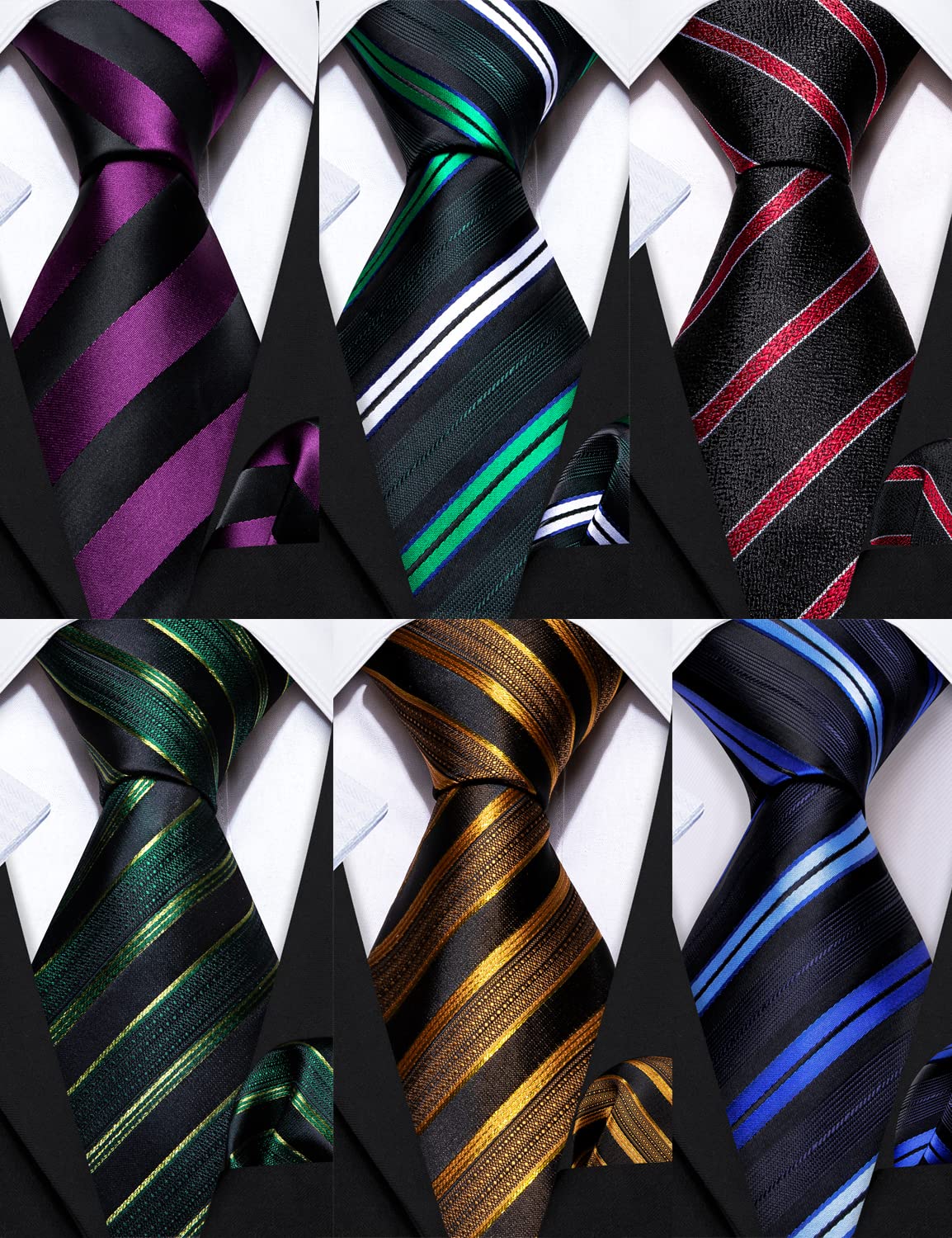 Barry.Wang 6 PCS Men Ties Set Silk Business Fashion Woven Necktie Handkerchief Cufflinks Paisley Stripe Wedding Party