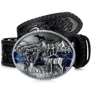 photect western leather buckle belts cowboy deer buckle belt wildlife elk buckle belt floral engraved cowboy belts for men (black)