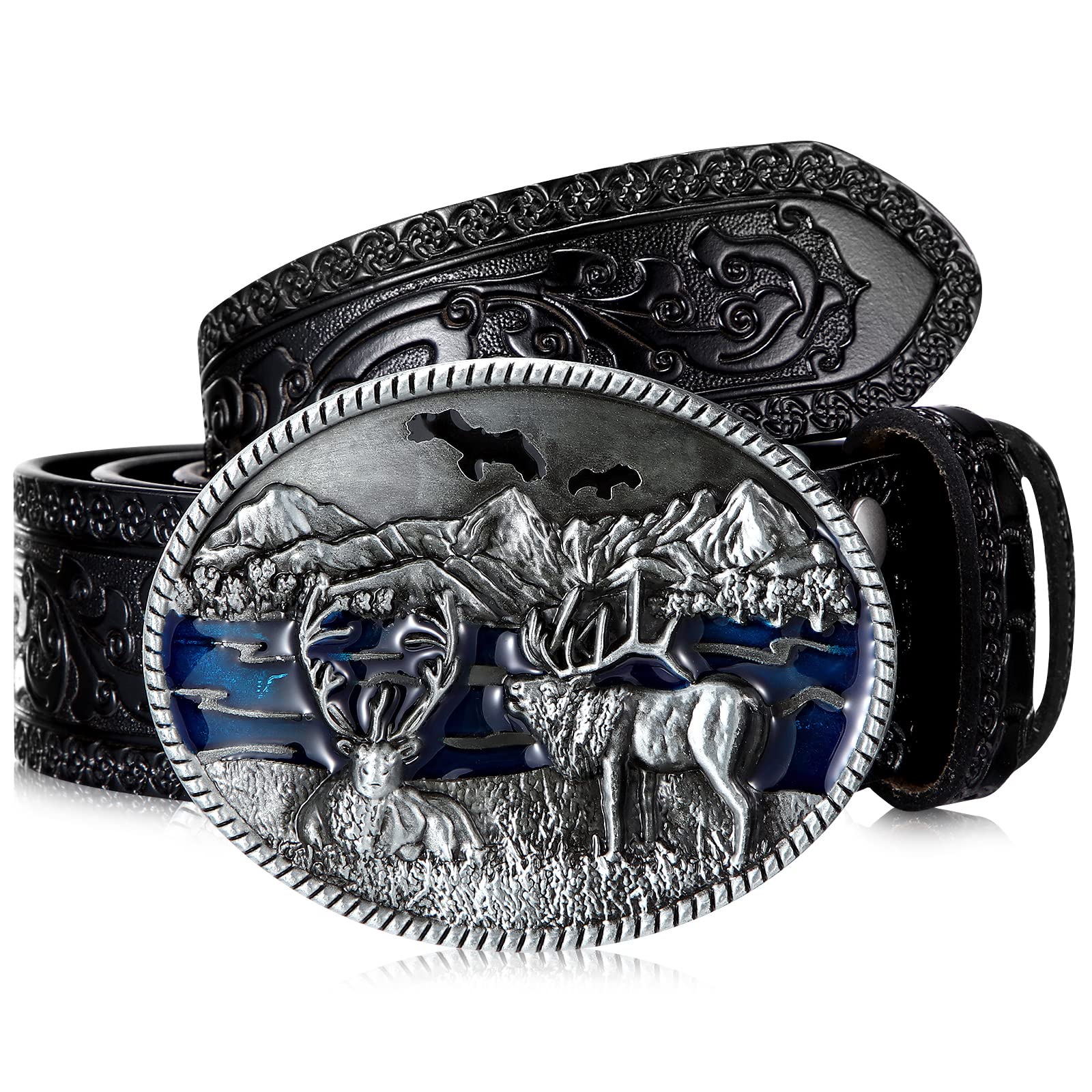 Photect Western Leather Buckle Belts Cowboy Deer Buckle Belt Wildlife Elk Buckle Belt Floral Engraved Cowboy Belts for Men (Black)