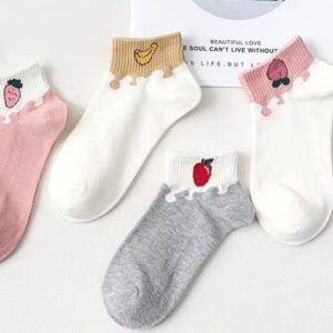 Aufona 5/10 Cute Crew Socks for Women Floral Cotton Socks Ankle Socks for Girls Teen (5 Pairs-Fruit)