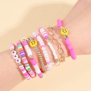 Women Girls Teens Preppy Bracelets Bohemian candy color Polymer Clay pearl Rice Bead bracelet Smile Smiley face star charm summer vacation bracelet