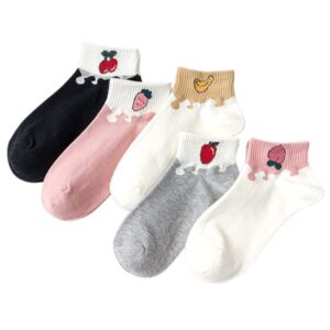 Aufona 5/10 Cute Crew Socks for Women Floral Cotton Socks Ankle Socks for Girls Teen (5 Pairs-Fruit)