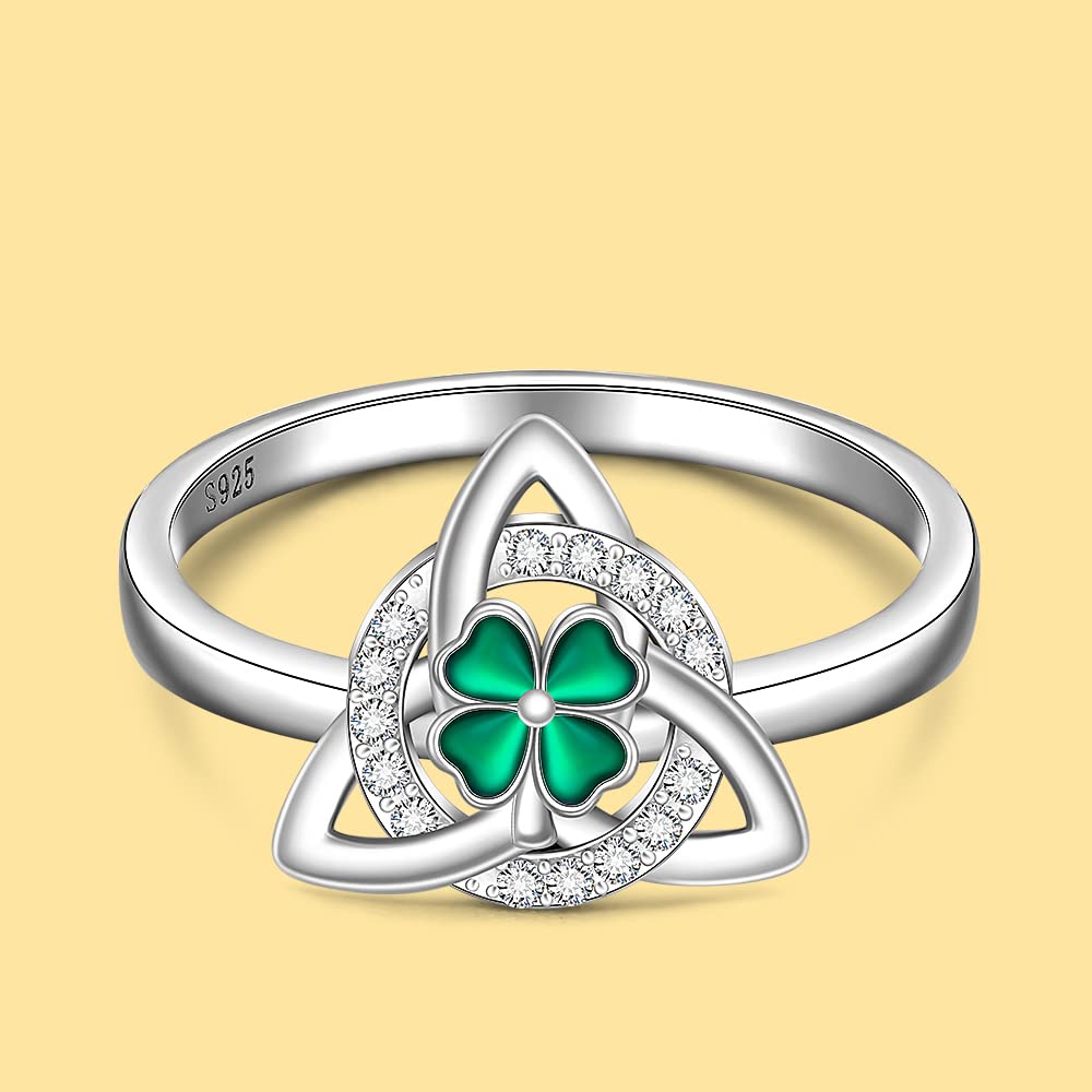 St Patricks Day Shamrock Ring Clover Ring for Women Sterling Silver Clover Rings Green Irish Lucky Friendship Leaf Celtic Knot Cubic Zirconia Triangle Jewelry Size 8