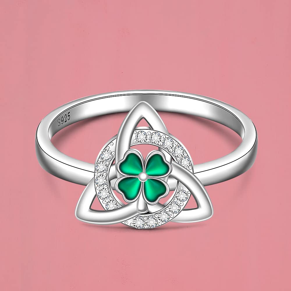 St Patricks Day Shamrock Ring Clover Ring for Women Sterling Silver Clover Rings Green Irish Lucky Friendship Leaf Celtic Knot Cubic Zirconia Triangle Jewelry Size 8