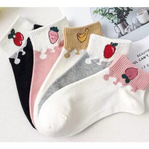 Aufona 5/10 Cute Crew Socks for Women Floral Cotton Socks Ankle Socks for Girls Teen (5 Pairs-Fruit)