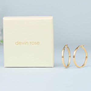 Devin Rose 30mm Large Hoops Earring 14K Yellow Gold Plated Brass High Polished Lightweight Flat Hoop Earrings for Women 925 Sterling Silver Posts