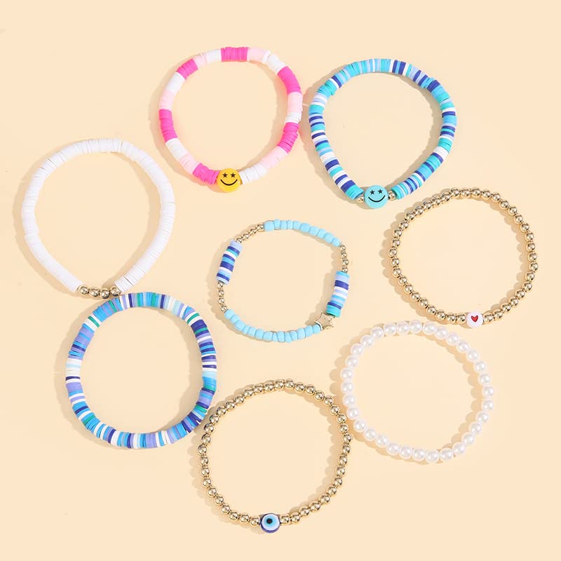 Women Girls Teens Preppy Bracelets Bohemian candy color Polymer Clay pearl Rice Bead bracelet Smile Smiley face star charm summer vacation bracelet