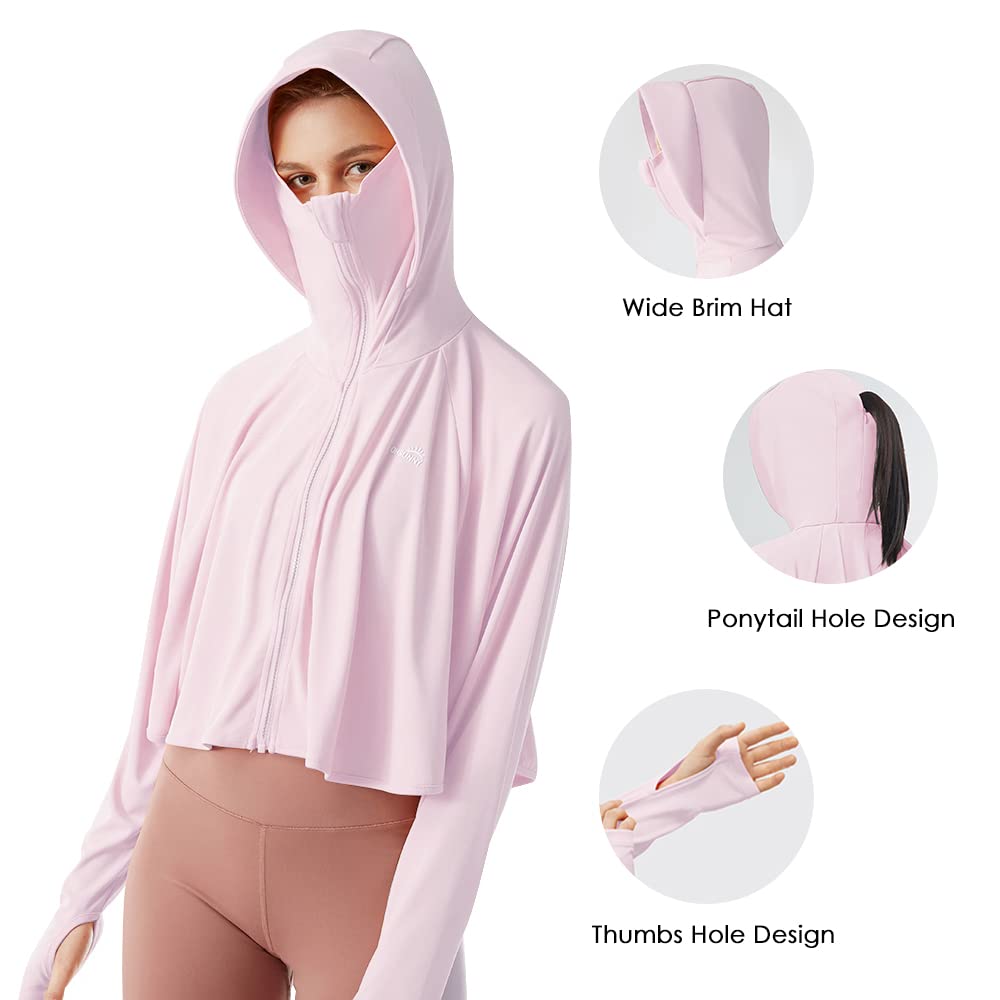 OH! ANY TIME ANY WEAR Womens UPF 50+ Long Sleeve Shirt Sun Protection Hoodie Jacket Lightweight Running Hiking Cycling Outdoor Full Zip Tops 19SSF051,Peach, Medium