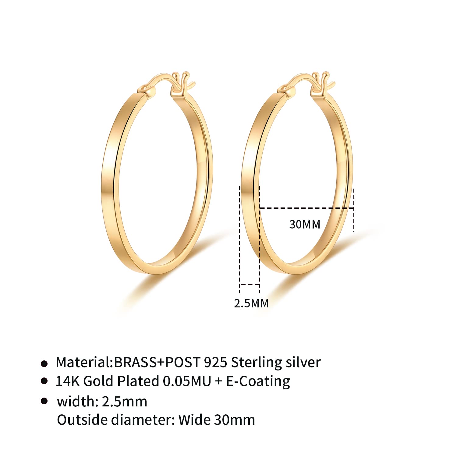 Devin Rose 30mm Large Hoops Earring 14K Yellow Gold Plated Brass High Polished Lightweight Flat Hoop Earrings for Women 925 Sterling Silver Posts