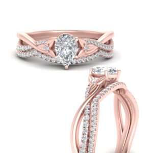 Fascinating Diamonds IGI Certified 2 1/3 Ctw Diamond Nature Inspired Twisted Wedding Ring Sets For Women 14K Rose Gold 2 Carat Pear Shaped Lab Created Center SI2 Clarity And H Color Ring Size 6