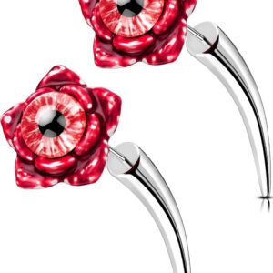 OUFER 2PCS Fake Lobe Earrings, 18G Devil's Eyes Lobe Piercing Jewelry, Fake Devil's Teeth Fake Gauges Faux Plug Taper 3D Devil's Flowers Body Piercing Jewelry For Women And Men