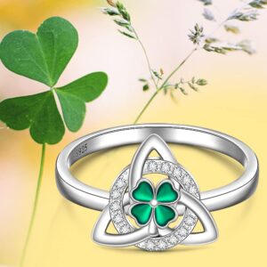 St Patricks Day Shamrock Ring Clover Ring for Women Sterling Silver Clover Rings Green Irish Lucky Friendship Leaf Celtic Knot Cubic Zirconia Triangle Jewelry Size 8