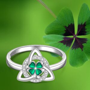 St Patricks Day Shamrock Ring Clover Ring for Women Sterling Silver Clover Rings Green Irish Lucky Friendship Leaf Celtic Knot Cubic Zirconia Triangle Jewelry Size 8