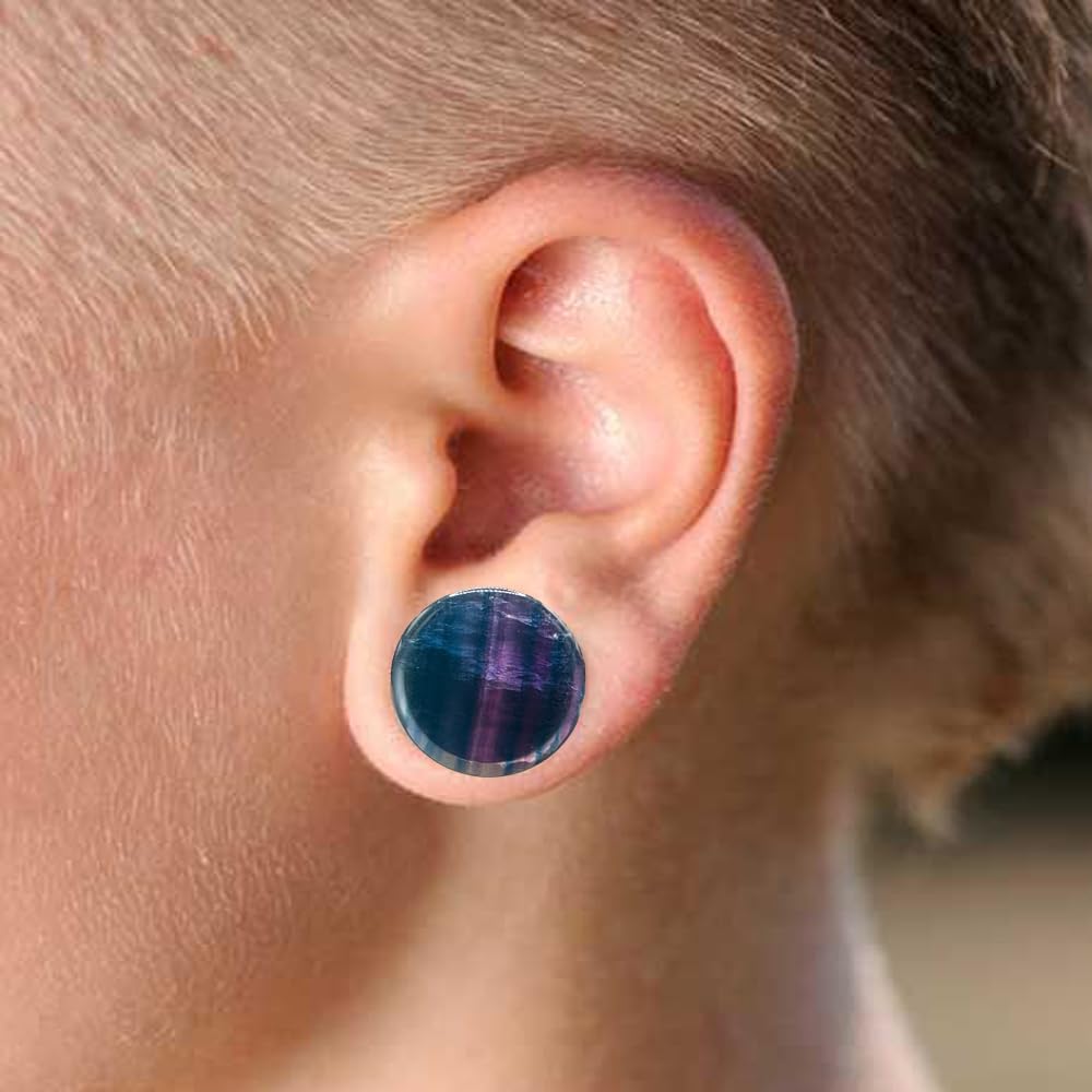 blue palm jewelry Pair of Rainbow Fluorite Double Flare Ear Plugs Expander Gauges 2ga - 1 inch E609