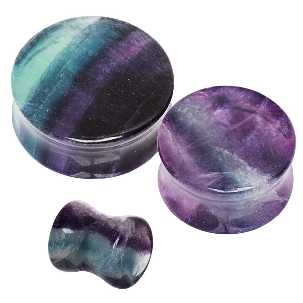 blue palm jewelry Pair of Rainbow Fluorite Double Flare Ear Plugs Expander Gauges 2ga - 1 inch E609