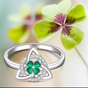 St Patricks Day Shamrock Ring Clover Ring for Women Sterling Silver Clover Rings Green Irish Lucky Friendship Leaf Celtic Knot Cubic Zirconia Triangle Jewelry Size 8